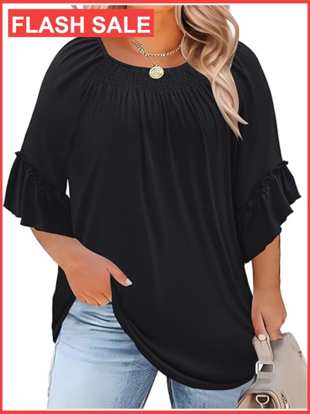 Plus Size 3/4 Bell Sleeve Crewneck Pleated Tunic Blouse